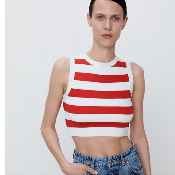 Zara Tops - ZARA Red and white stripe cropped knit top